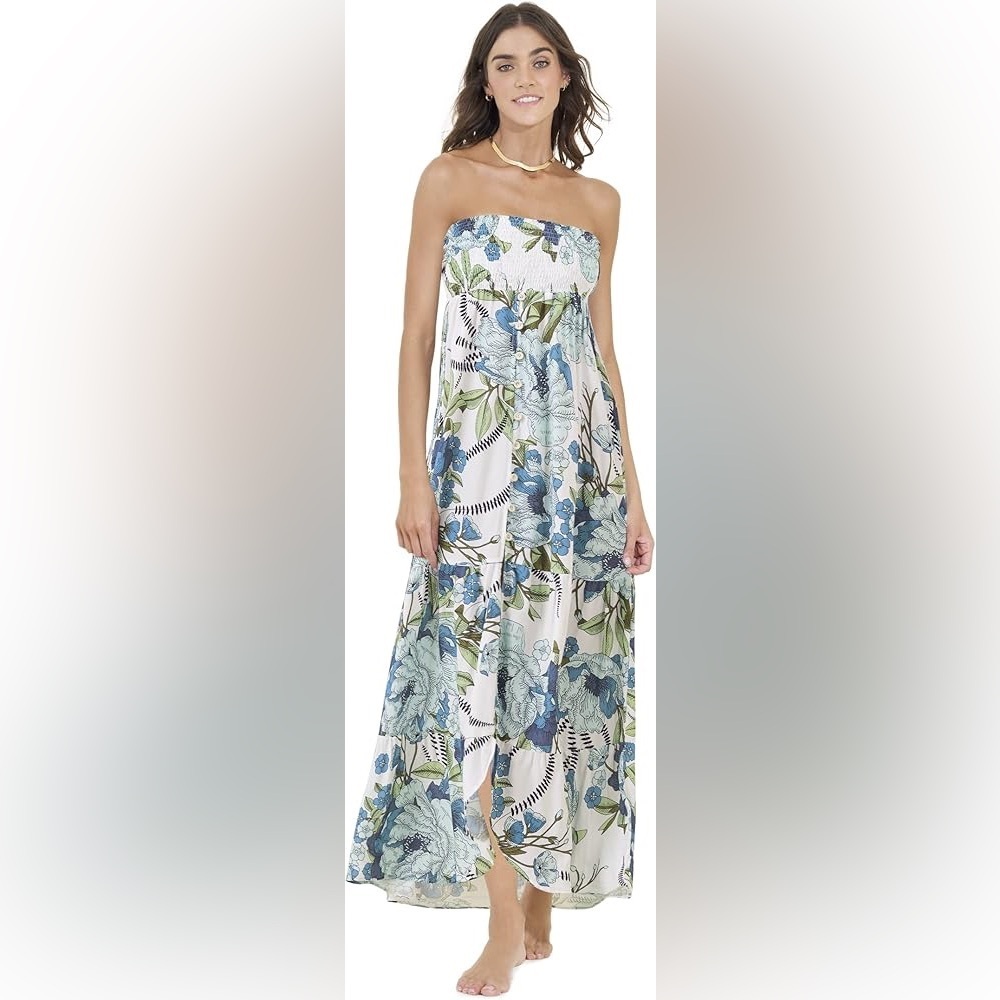 Maaji White Strapless Maxi Dress with Blue and Green Floral Print